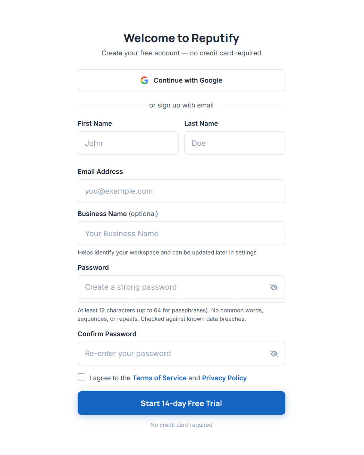 Reputify account signup screen